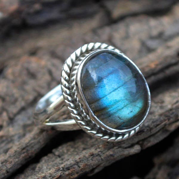 LABRADORITE RING / Oval offers Gemstone ring / OOAK Cocktail Ring / Hand Stamped Textured Ring / Boho Tribal Ring / Rustic Artisan / Size 6.75